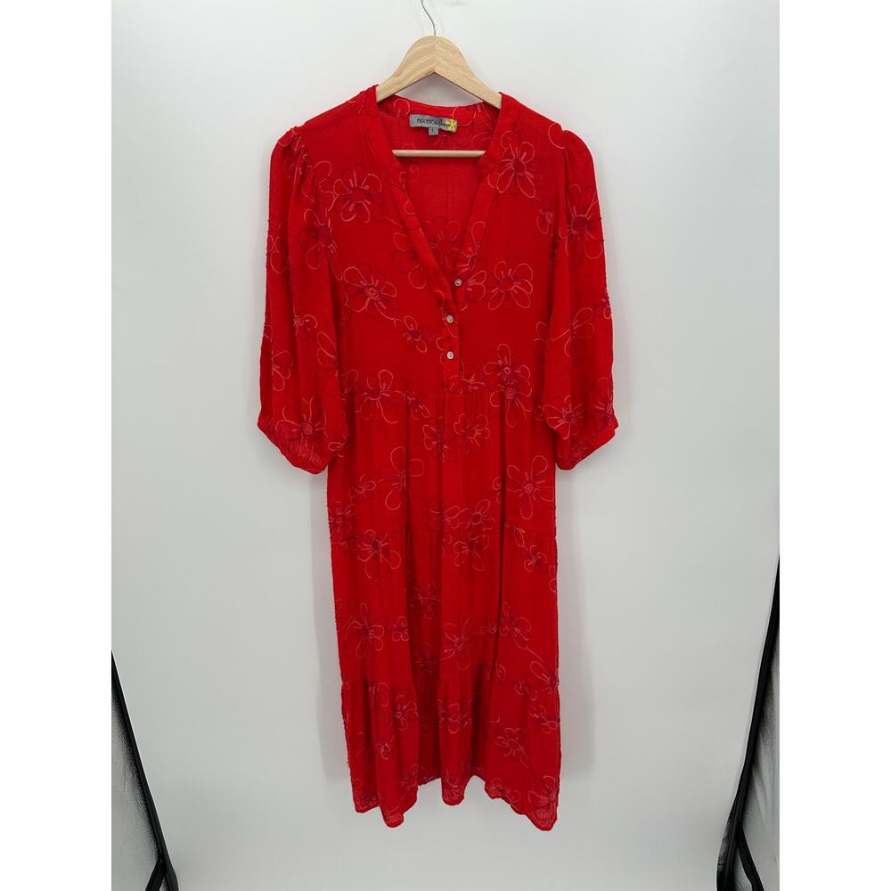 Red Floral Embroidered Midi Dress Tiered V Neck Boho Cottagecore Sz L‎